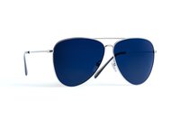 Classic aviator sunglasses with silver metal frame and dark blue lenses on white background, isolated product photography for fashion and accessories marketing.