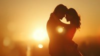 Romantic couple silhouette embracing at golden sunset with warm bokeh lights creating intimate atmosphere for love and relationship concepts.
