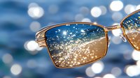 Sunglasses with golden frames reflecting sparkling beach sand and ocean waves, dreamy summer bokeh background creates magical seaside atmosphere.