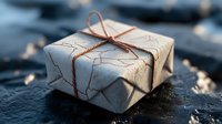 Rustic gift box wrapped in cracked paper with simple twine bow on dark stone surface, creating contrast between delicate package and rough background.