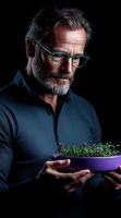 Mature Caucasian man with gray hair and glasses examining microgreens in purple bowl against dark background. Professional chef or gardener concept for healthy eating.