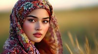 Young Asian woman wearing colorful floral hijab in warm sunset light, soft focus portrait with natural bokeh background and golden hour glow.
