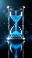 Digital hourglass with glowing blue binary code sand flowing through glass chambers on dark background with bokeh lights for technology concepts.