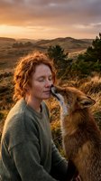 Red-haired woman with freckles bonding with wild fox during golden hour sunset in rolling countryside hills creating magical wildlife connection moment.