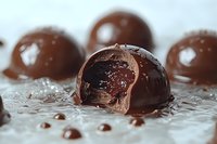 Dark chocolate truffles with liquid filling on textured surface, macro food photography showing melted center and glossy coating, selective focus on bitten candy.
