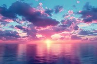 Dramatic sunset over calm ocean waters with vibrant pink and purple clouds reflecting in rippling waves, creating serene seascape atmosphere for relaxation designs.