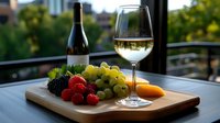 Elegant white wine glass with fresh grapes, strawberries and cheese on wooden board at outdoor terrace during golden hour for luxury dining experience.