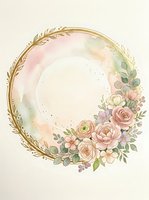 Circular floral wreath with gold leaf border and watercolor roses, peonies, and greenery on isolated white background, ready for wedding invitations, greeting cards, and design projects.