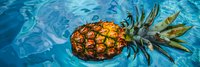Fresh ripe pineapple floating in crystal clear turquoise water with rippling surface reflections and natural sunlight creating dynamic patterns.
