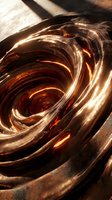 Molten metal swirls with glowing amber and copper tones, creating abstract spiral patterns with intense heat and light reflections on industrial surface.