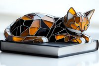 Geometric stained glass cat figurine in orange and black tones lying on book against white background, modern decorative sculpture for home interior design.