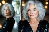 Elegant mature woman with silver gray wavy hair wearing black sequin evening dress, confident smile, glamorous makeup, reflection in mirror, bokeh lights background.