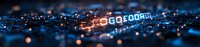 Glowing digital freedom text on circuit board with blue bokeh lights and electronic components, futuristic technology concept panoramic background.