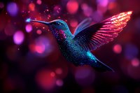 Magical hummingbird with glowing blue and pink feathers flying against dark background with bokeh lights and sparkles, wings spread in graceful motion.