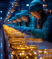 Young Asian woman in winter clothing with friends looking at glowing holiday lights and decorations creating magical evening atmosphere in cold season.