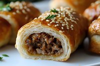 Flaky puff pastry rolls filled with seasoned ground meat, topped with sesame seeds and fresh herbs, showcasing golden-brown crust and savory filling.