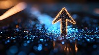 Glowing arrow shape on dark background with scattered blue bokeh lights and reflective surface creates magical atmosphere for business growth concepts.