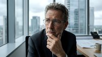 Mature male professional with gray hair and glasses wearing dark business suit, sitting at office desk with contemplative expression, hand near chin, modern high-rise cityscape visible through windows behind.
