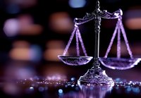 Decorative scales of justice in purple lighting with bokeh effect and glitter, symbolizing law, justice and legal proceedings in dramatic presentation.