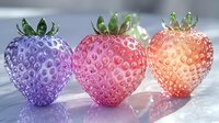 Colorful glass strawberries in purple, pink and orange tones arranged in row on reflective surface with soft lighting and delicate details. Decorative art piece.
