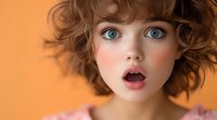 Surprised expression with bright blue eyes and curly brown hair against orange background, wearing pink. Natural makeup with rosy cheeks and parted lips show wonder.