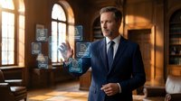 Professional businessman in suit interacting with digital interface icons in elegant office environment for technology and business presentations.