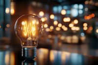Glowing light bulb with warm filament against blurred bokeh background, symbolizing innovation, creativity and bright ideas in business environment.
