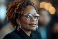 Professional African American businesswoman with glasses and natural hair smiling confidently in modern office environment with warm bokeh lighting.