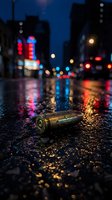 Spent bullet casing lies on wet urban street at night with blurred neon city lights and buildings reflecting in rain puddles, conveying crime scene, danger, and gritty metropolitan atmosphere.