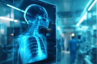 Digital x-ray scan showing human skull and upper torso skeleton in bright blue neon color against medical facility background with blurred hospital staff.