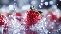 Fresh red strawberry splashing into clear water with dynamic droplets and bokeh lights creating refreshing summer fruit concept for healthy lifestyle advertising.
