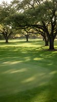 Serene park landscape with mature oak trees casting dappled shadows on manicured green grass during golden hour light for peaceful outdoor recreation.