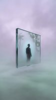 Silhouette of adult male figure visible through frosted glass panel suspended in misty atmosphere with purple and green tones, suitable for conceptual and surreal design projects.