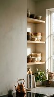 Modern kitchen corner with floating wooden shelves displaying ceramic bowls and pottery in neutral tones with natural lighting and minimalist design.