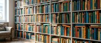 Extensive home library with floor-to-ceiling wooden bookshelves filled with colorful books creating cozy reading atmosphere for literature lovers.