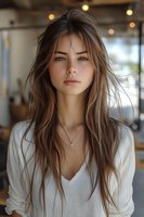 Young woman with long brown hair wearing white v-neck sweater and delicate necklace, soft bokeh lights in background. Natural makeup and casual style for lifestyle content.