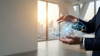 Professional businessman holding glowing digital network connections in modern office with city skyline view through windows at sunset.