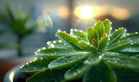 Fresh morning dew drops on green succulent leaves against sunrise light, creating natural bokeh effect and sparkling water droplets on plant surface.