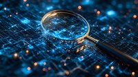 Magnifying glass on glowing circuit board with blue digital technology background, representing data analysis and cyber investigation concept.