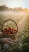 Fresh ripe strawberries in wicker basket held by hands during golden hour sunrise at organic farm field for healthy eating and agriculture harvest.