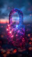 Glowing padlock with cosmic galaxy texture and network connections on dark background with bokeh lights and stars, representing digital security and encryption.
