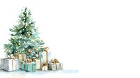 Watercolor Christmas tree with wrapped presents underneath, decorated with lights and ornaments on white background for holiday greeting cards and festive designs.