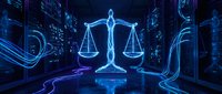 Digital justice scales glowing in neon blue light surrounded by futuristic cityscape with data streams for legal technology and law firm concepts.
