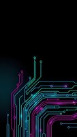 Futuristic circuit board pattern with glowing neon lines in cyan, magenta and blue colors on dark background for technology and digital design projects.