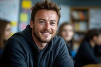 Caucasian male professional in casual grey hoodie smiling warmly at camera in office environment with blurred background showing bookshelves and coworkers.