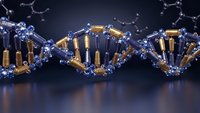 DNA double helix structure with golden and blue molecular components on dark background for genetic research and biotechnology applications.