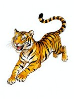 Playful tiger with raised tail and open mouth, isolated on white background, ready for design use on apparel, posters, and marketing materials.