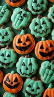 Halloween pumpkin cookies with green and orange frosting featuring spooky jack-o-lantern faces for festive autumn baking and seasonal treats.