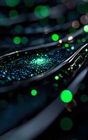 Glowing green and blue bokeh lights scattered across dark fiber optic cables create magical abstract background with defocused illuminated particles.