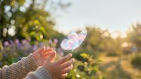 Young woman hands releasing colorful butterfly in sunny garden during golden hour sunset with blooming flowers and soft bokeh background for freedom concept.